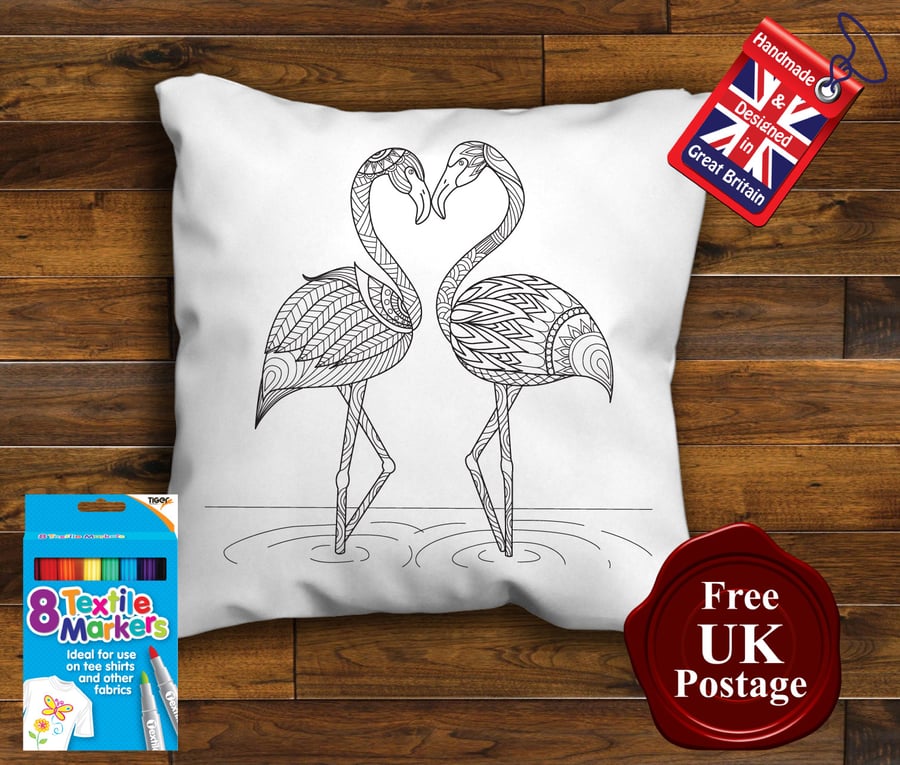 Flamingo Colouring Cushion Cover, With or Without Fabric Pens Choose Your Size