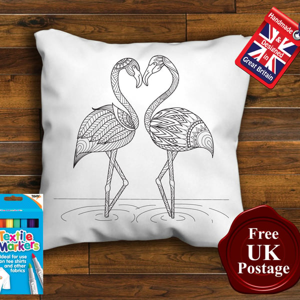 Flamingo Colouring Cushion Cover, With or Without Fabric Pens Choose Your Size