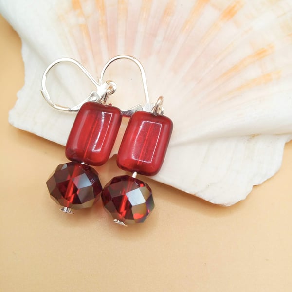 Garnet Red Glass Rectangle and Crystal Earrings, Earrings for Pierced Ears