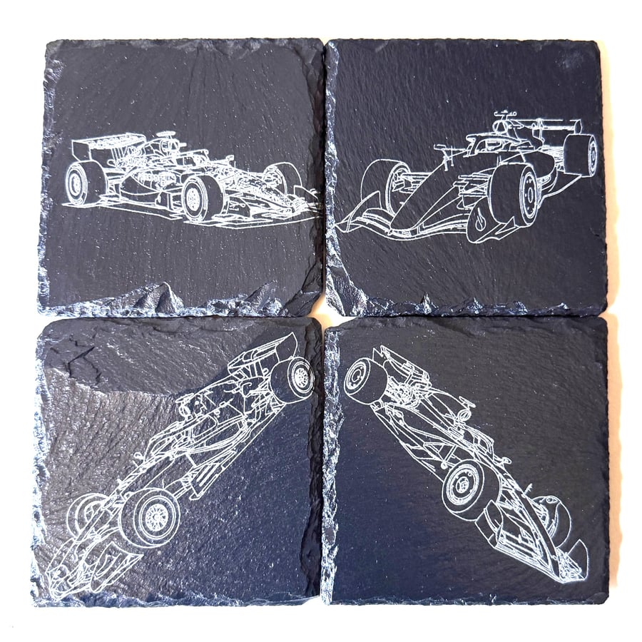 Handmade Slate Formula One Coasters Set with Engraved Racing Cars  mancave decor