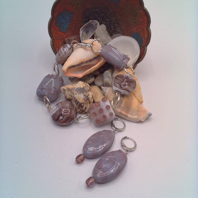 Purple Mix Glass and Ceramic Bead Bracelet and Earrings Set, Purple Jewellery
