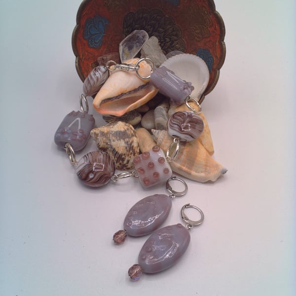 Purple Mix Glass and Ceramic Bead Bracelet and Earrings Set, Purple Jewellery
