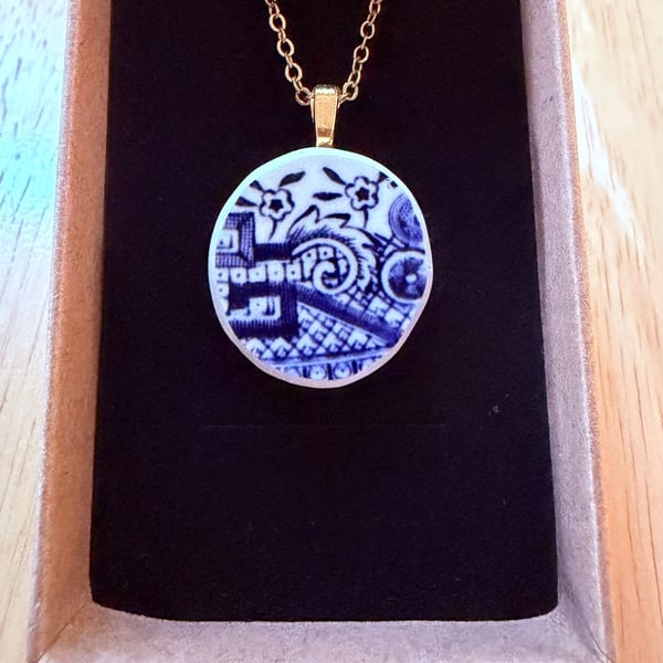 Upcycled bone china necklace blue willow pattern