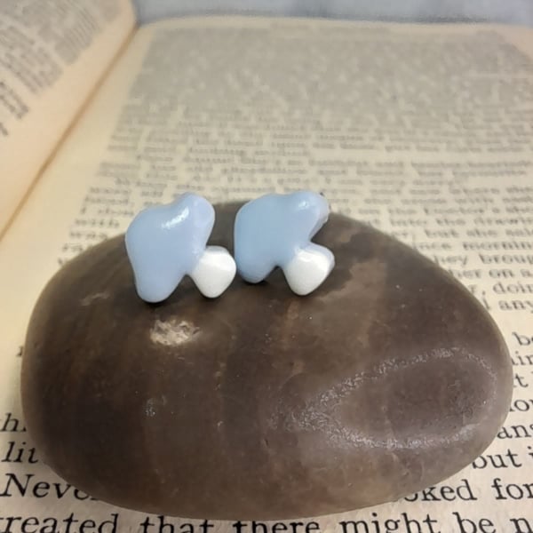 Stainless Steel Small Blue and White Roundhead Mushroom stud earrings.