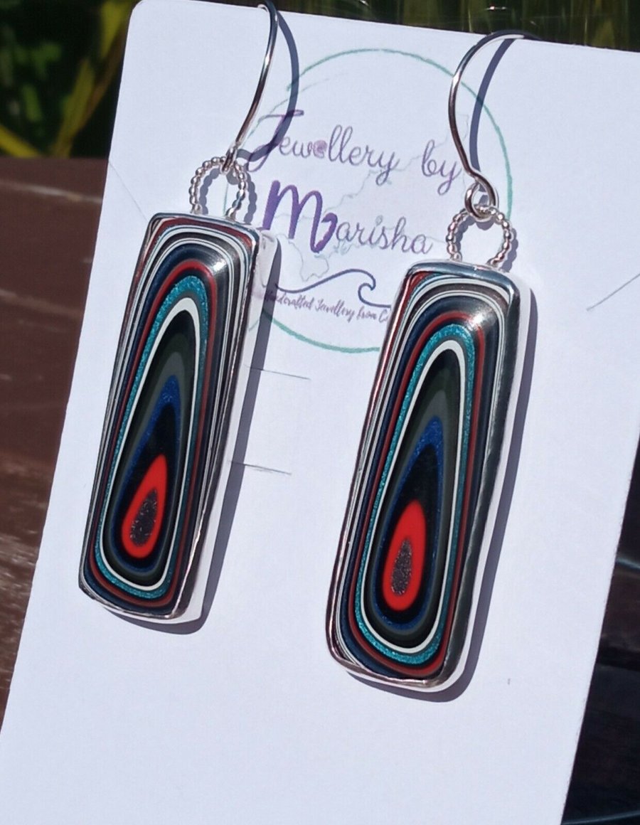 Fine Silver & Sterling Silver Fordite Detroit Agate Rectangular Dangly Earrings 