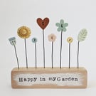 Clay and Button Flower Garden in a Floral Wood Block 'Happy in my Garden'