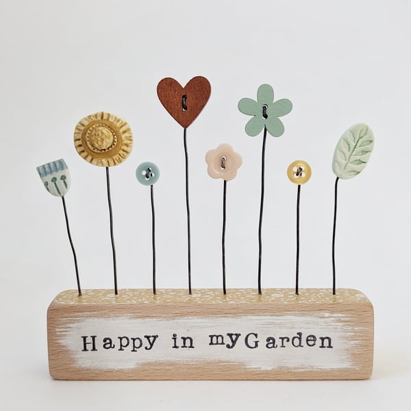 Clay and Button Flower Garden in a Floral Wood Block 'Happy in my Garden'
