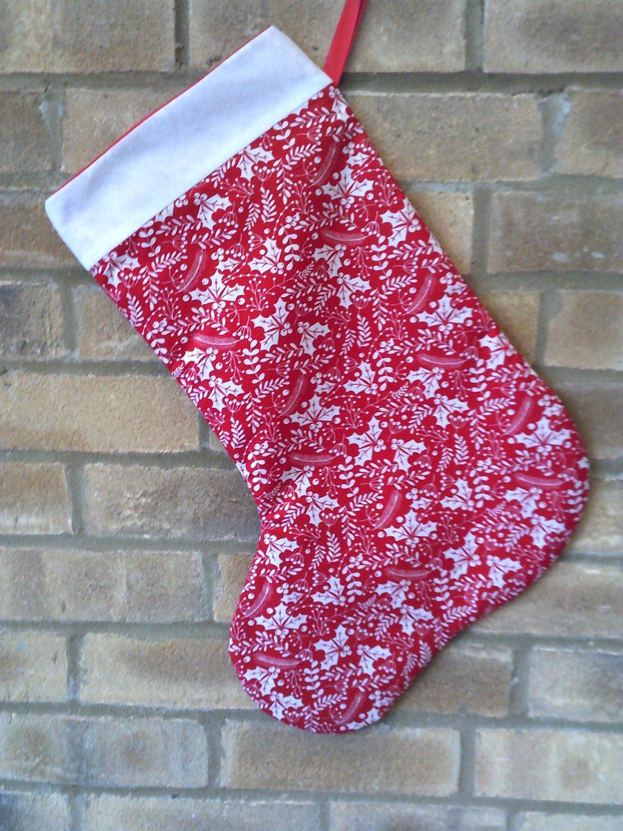 White Holly on Red Christmas Stocking