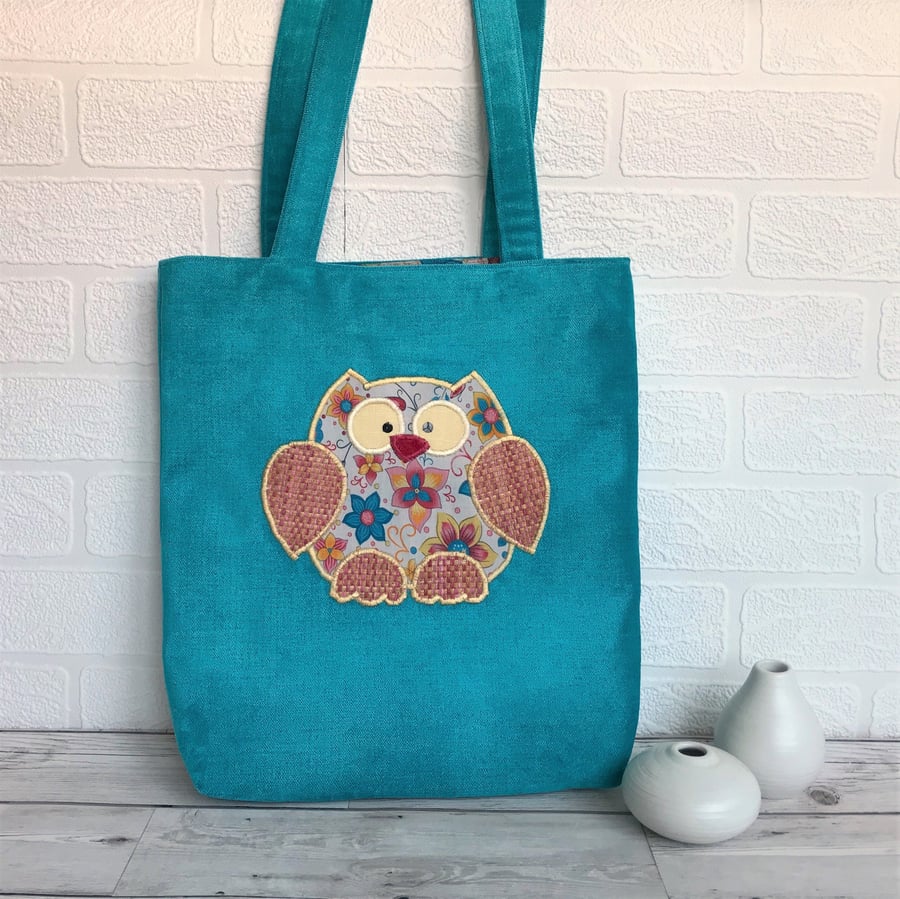 Owl tote bag in turquoise with pink, turquoise and yellow floral owl