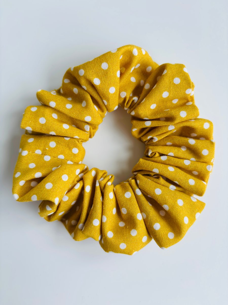 Cotton scrunchie hair accessory in mustard and white spot design