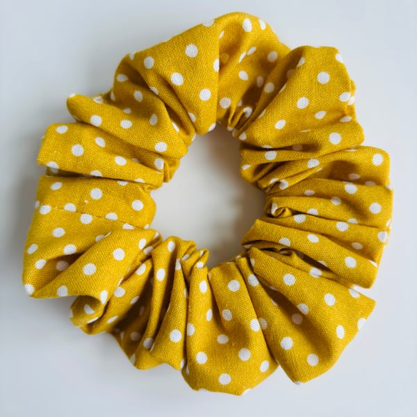 Cotton scrunchie hair accessory in mustard and white spot design