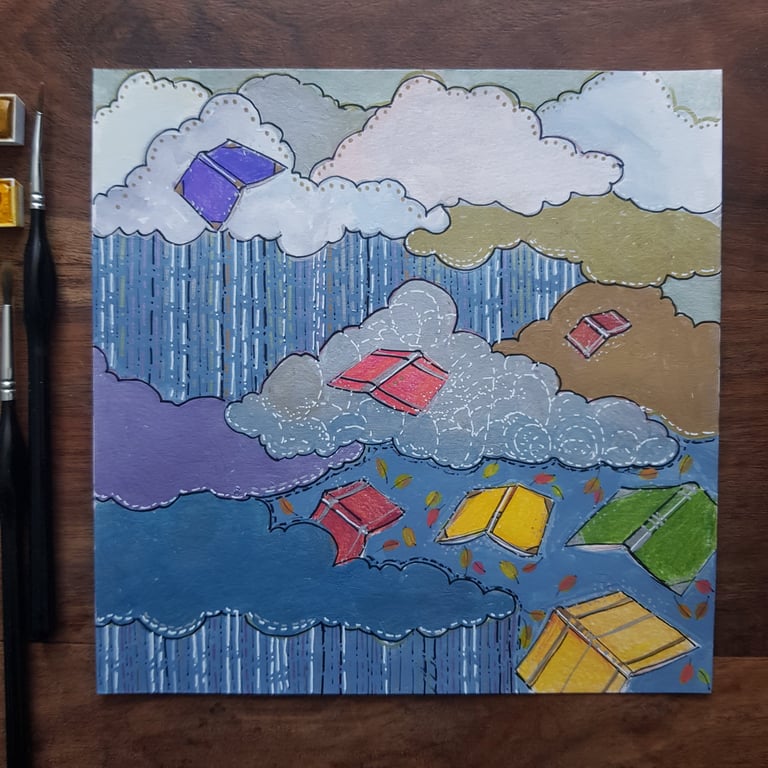 Clouds, rain and books, original artwork 