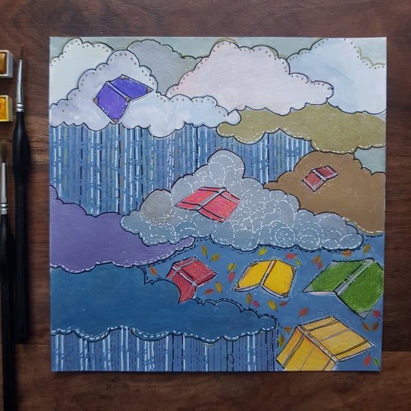 Clouds, rain and books, original artwork 