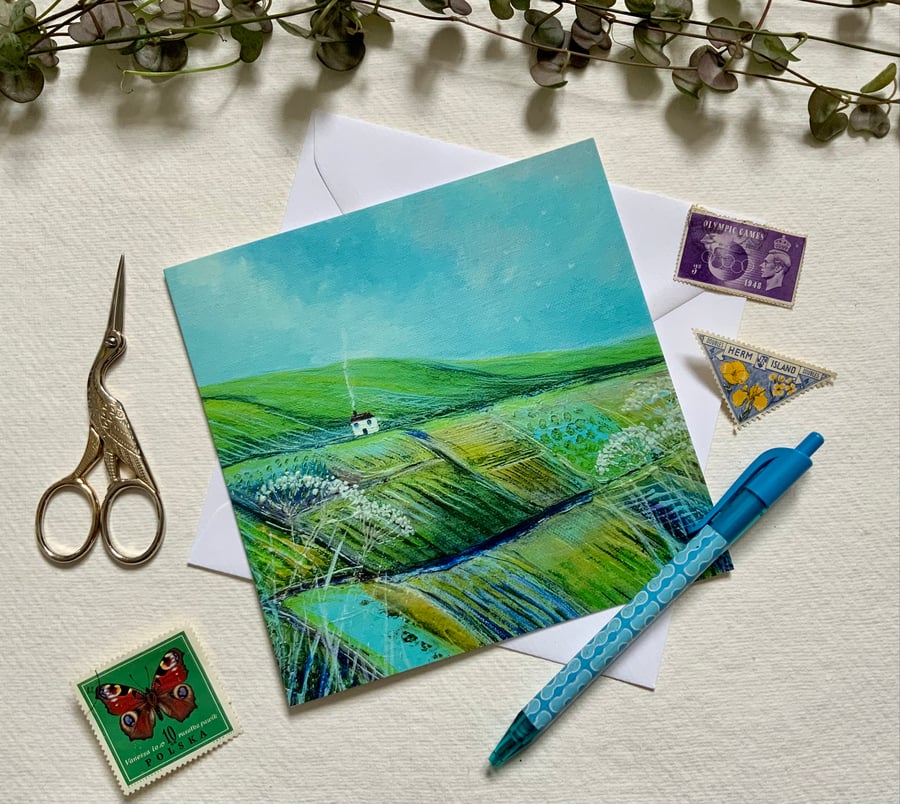 Hilltop Cottage, Blank Greetings Card