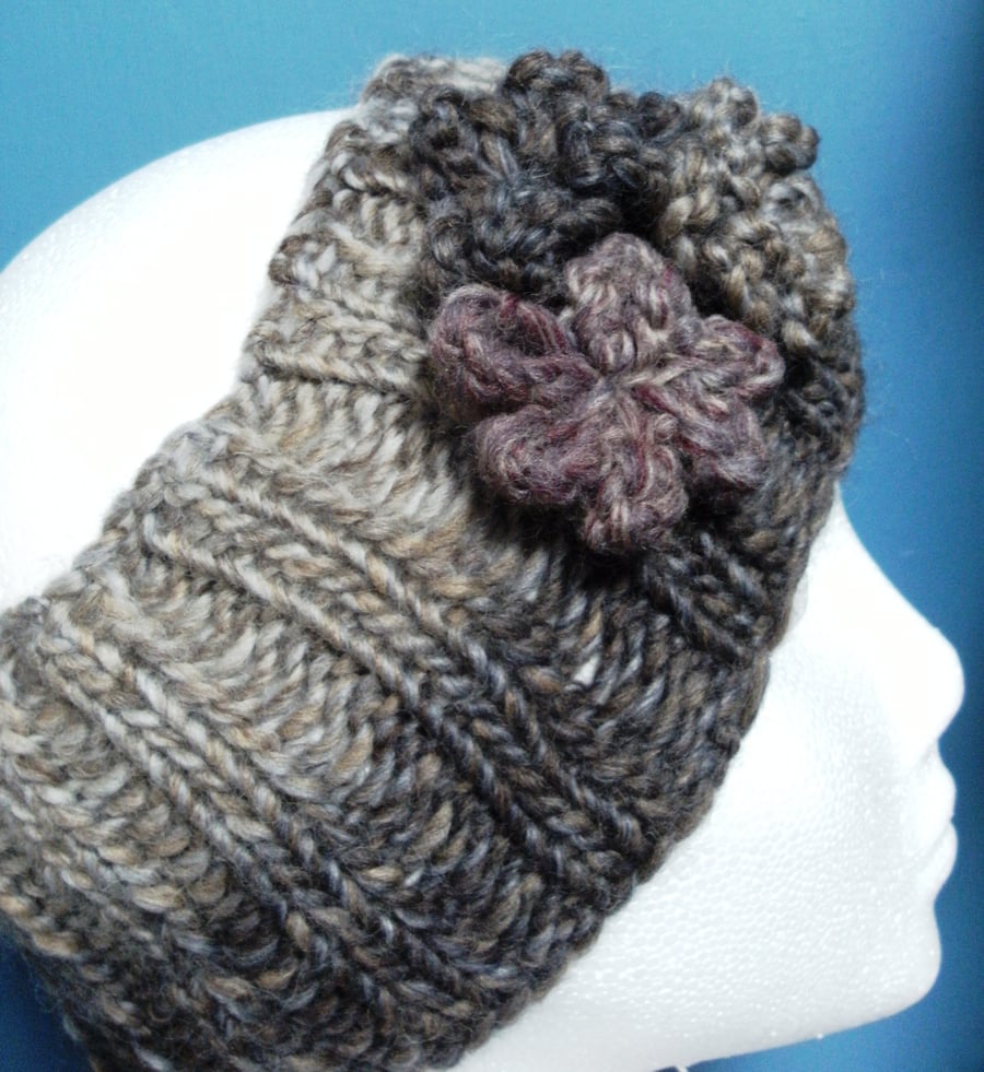 SPECIAL! Hand Knitted Chunky Wool Headband in Browns & Greys 3 flowers M