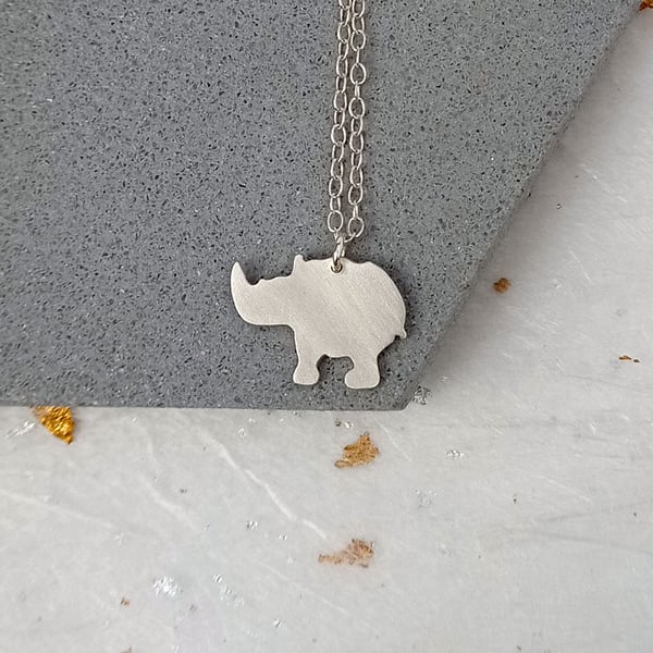 Recycled sterling silver rhino pendant necklace – safari animal jewellery