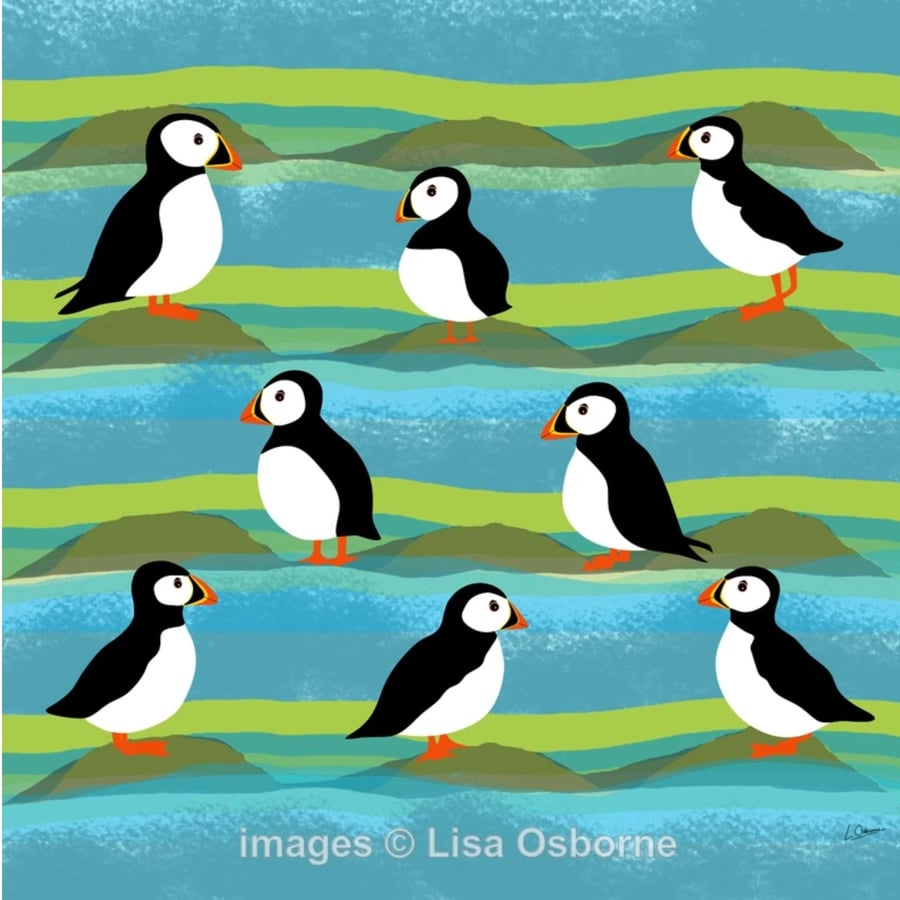Lots of puffins - signed print of digital illustrations of birds