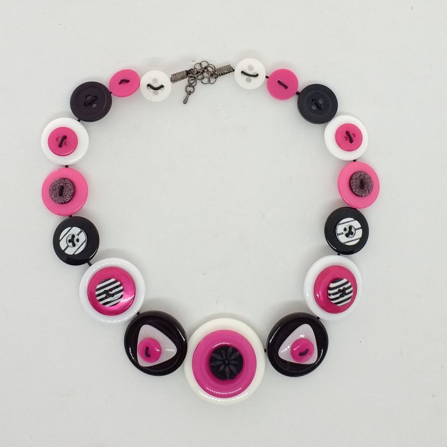 Pink, Black and White Button Necklace