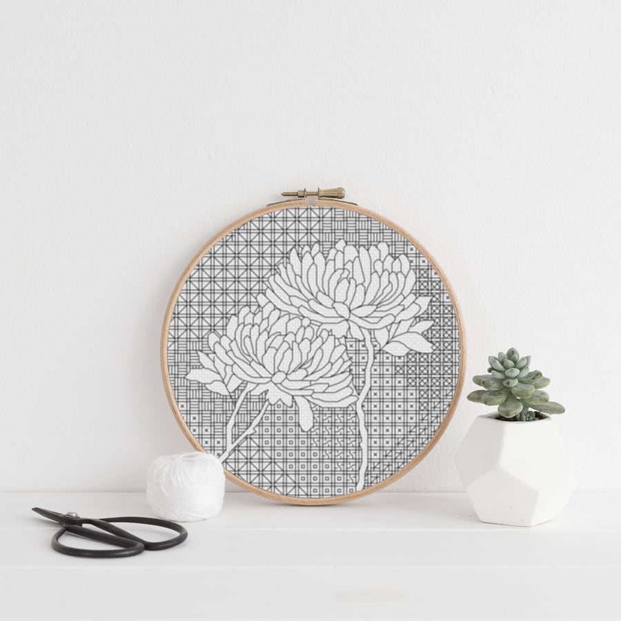 Peony Blackwork Embroidery Chart: Floral Stitch PDF (Download)