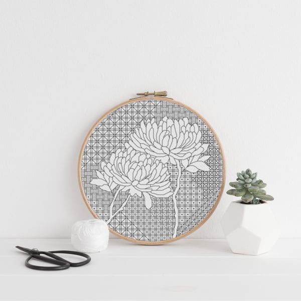 Peony Blackwork Embroidery Chart: Floral Stitch PDF (Download)