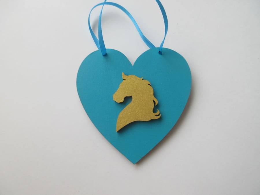 Horse Pony Hanging Decoration Heart Gold Turquoise