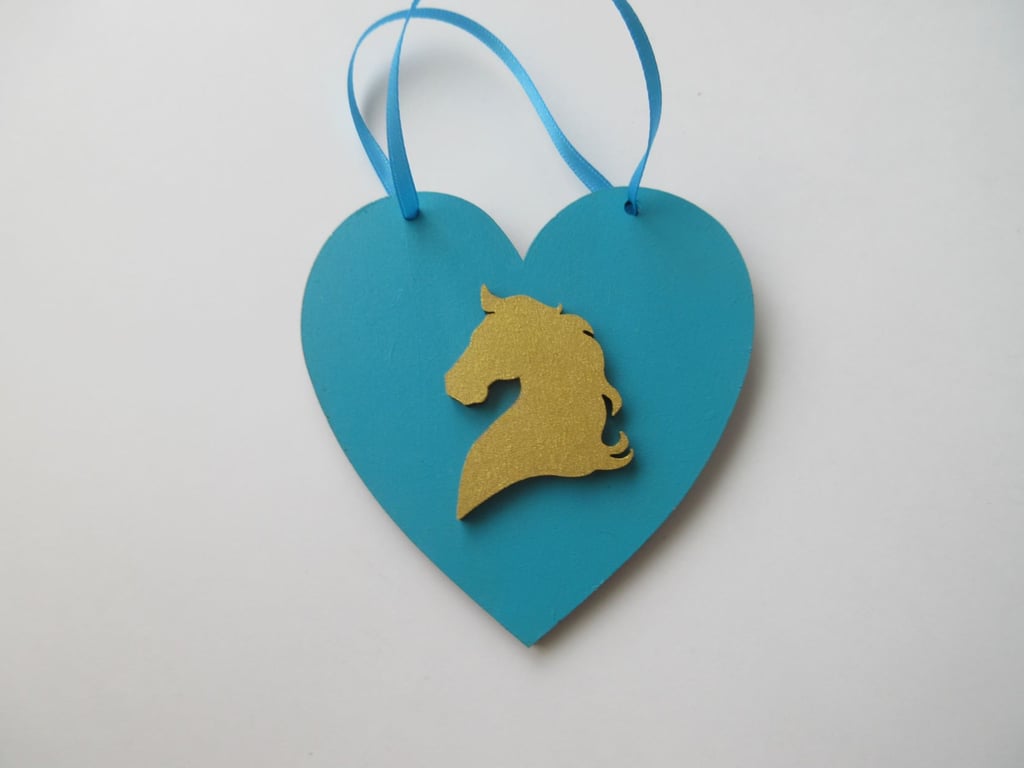 Horse Pony Hanging Decoration Heart Gold Turquoise