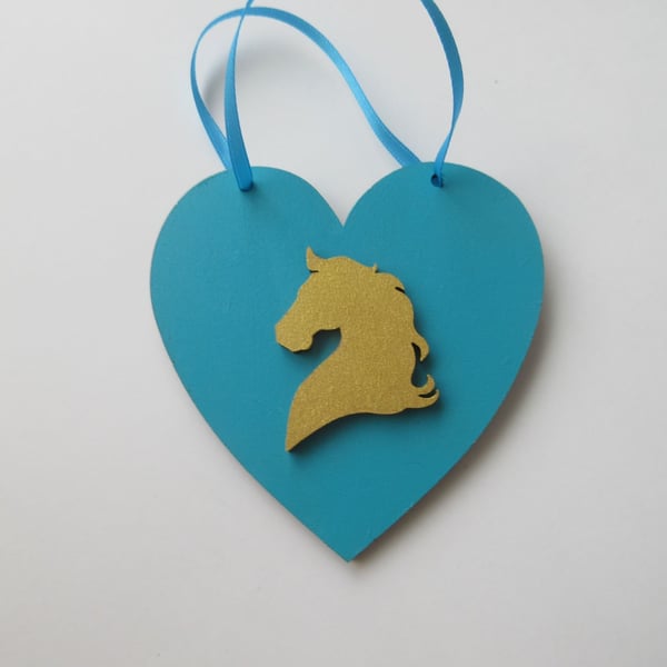 Horse Pony Hanging Decoration Heart Gold Turquoise