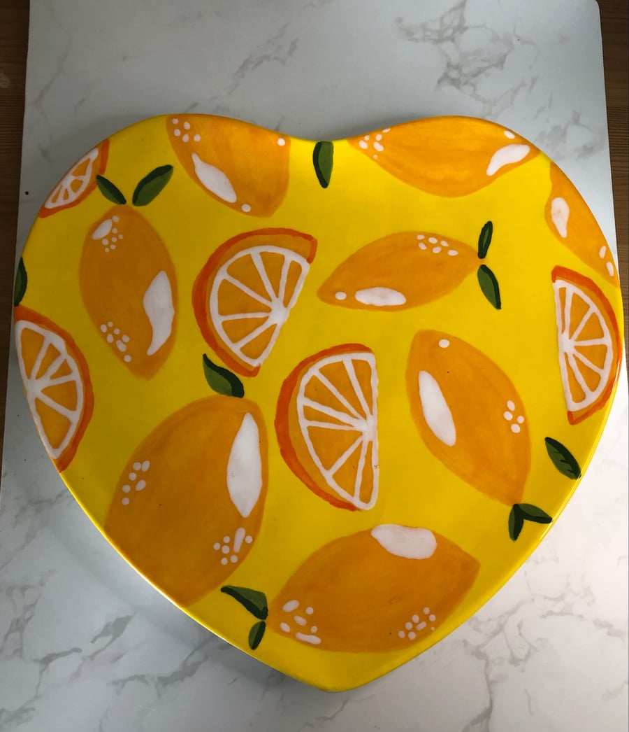 Large Hand Painted and Glazed Heart Shaped Plate Painted with Lemons 