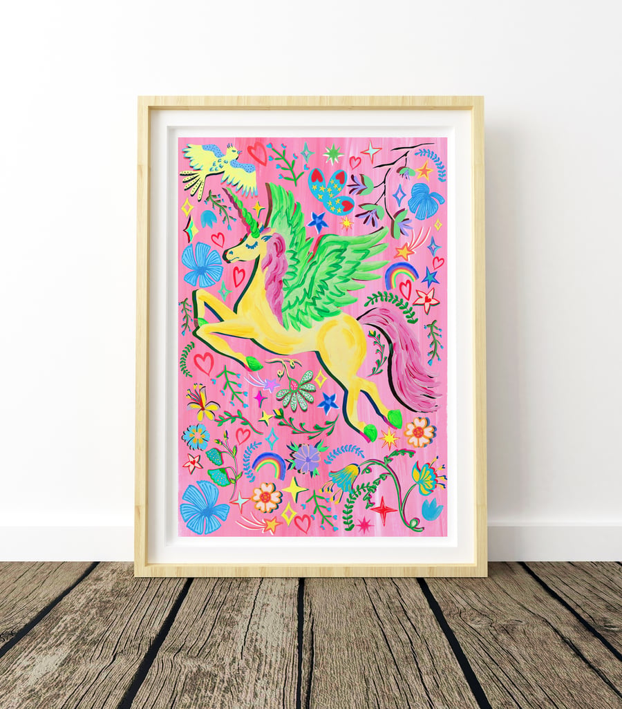 Yellow and Pink Unicorn Nursery Print