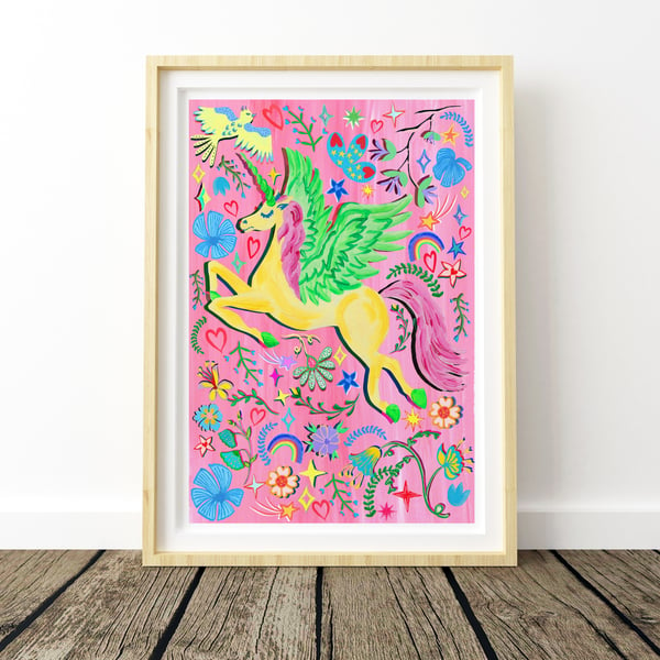 Yellow and Pink Unicorn Nursery Print