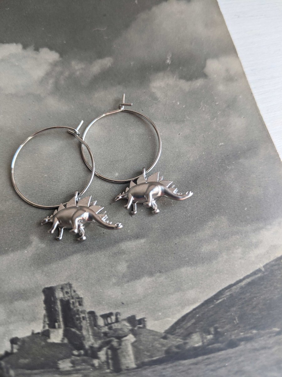 Petite Silver Stegosaurus charm earrings - little dinosaurs - hoops