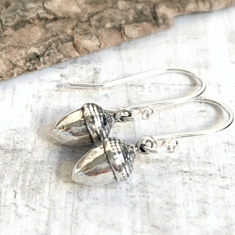 Sterling Silver Little Acorn Earrings - Acorn Charms - Woodland Earrings 