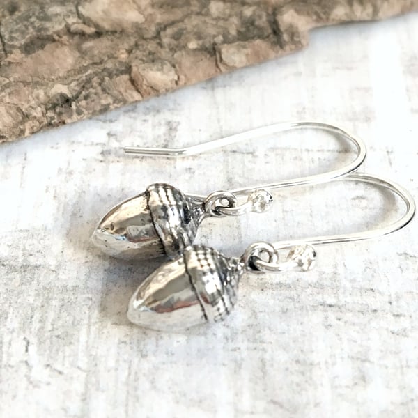 Sterling Silver Little Acorn Earrings - Acorn Charms - Woodland Earrings 