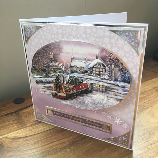 3D Narrow Boat Christmas Card - Decoupage - Handmade - Blank Inside