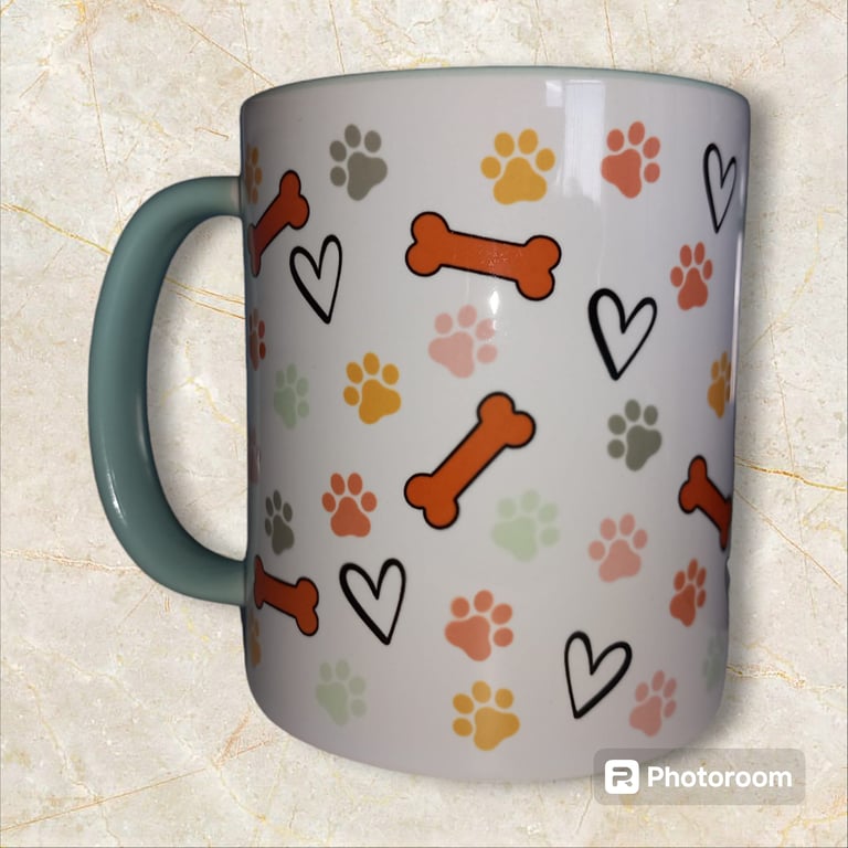 Doggy paw prints, bones and hearts 11oz Mug Cute dog Mint Handle
