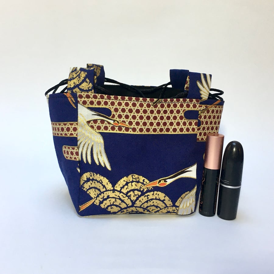 Blue Cranes and Waves Gilded Japanese Rice Bag Gift Bag Make Up bag