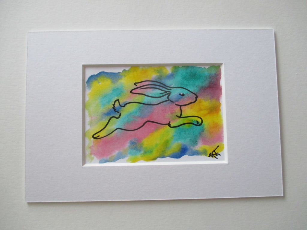 ACEO Bunny Rabbit Original Mixed Media Painting Art Picture Rainbow Memorial