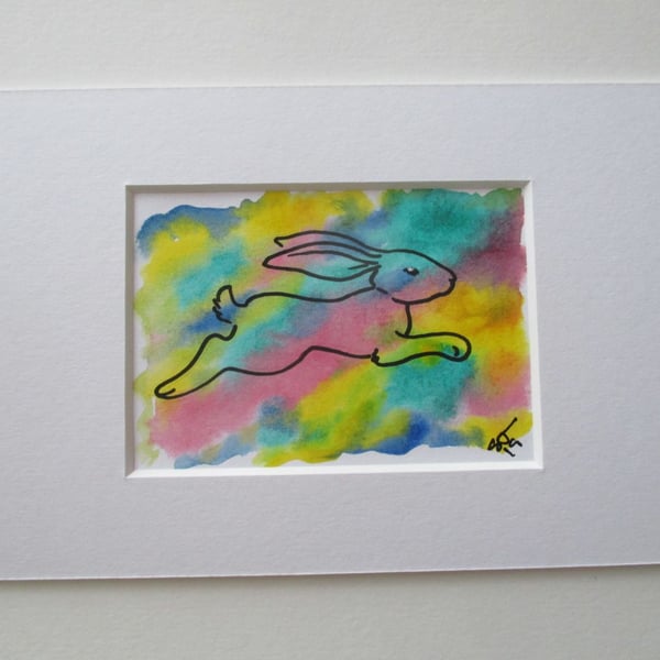 ACEO Bunny Rabbit Original Mixed Media Painting Art Picture Rainbow Memorial