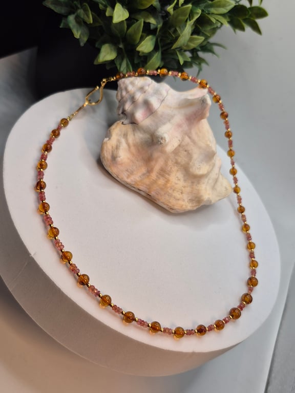 Luxury Padparadscha Sapphire and Baltic Amber Necklace