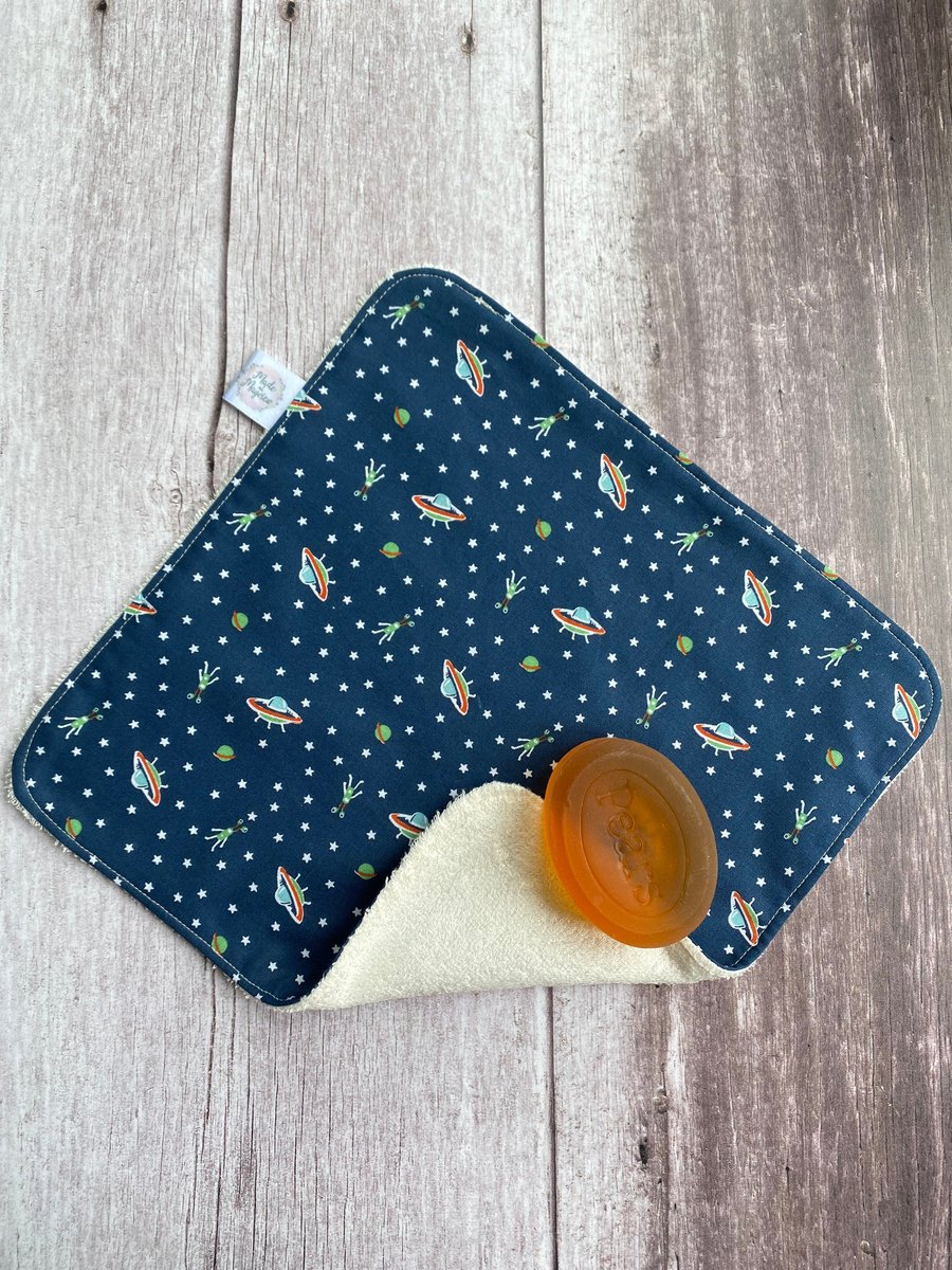 Organic Bamboo Cotton Wash Face Cloth Flannel Navy Alien Space Ship