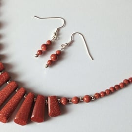 Rich Brown Glittery Goldstone Gemstone Chunky Tapered Necklace & Earring Set