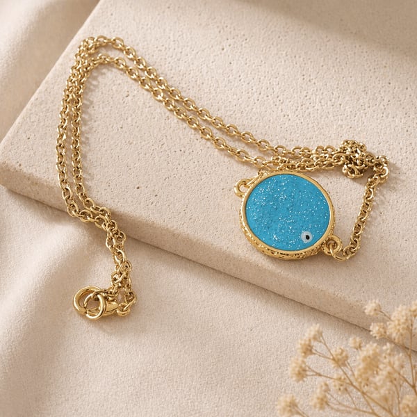 Gold Plated necklace, with Turquoise Glittering Evil Eye. 
