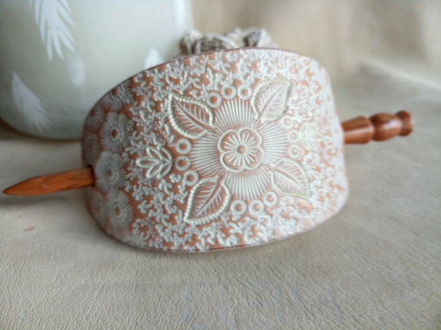 Leather Barrette and Hardwood Stick- Hand Stamped, Tooled and Stained - Hair Bar