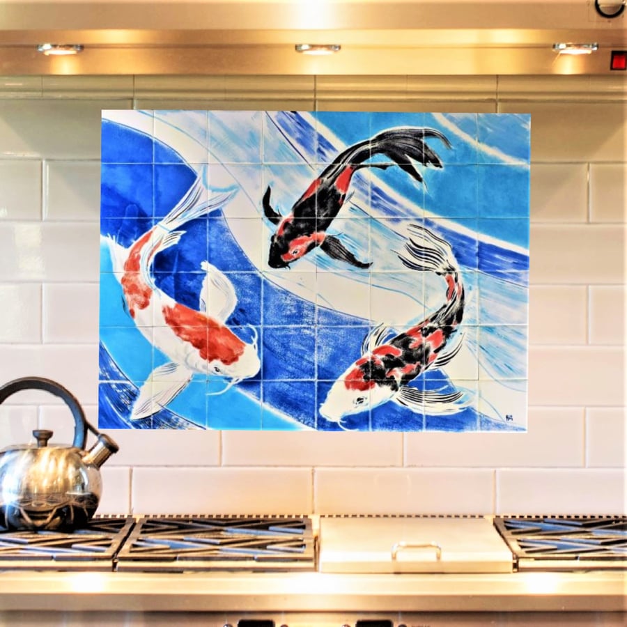 Backsplash, Koi Fish Painting, Ceramic Painted Tiles.