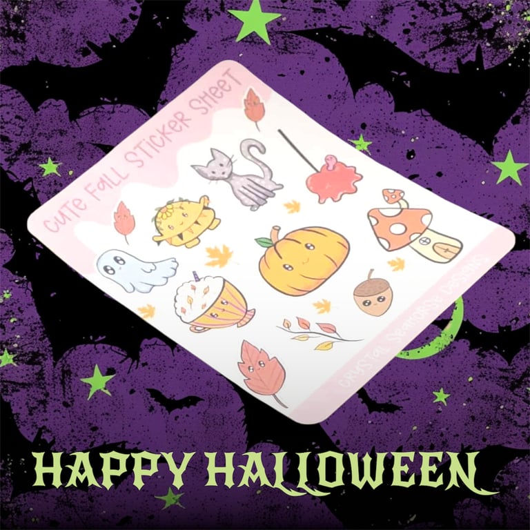 Cute Halloween Sticker Sheet, Original Art Glossy Stickers, Fall Stationery