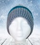 Crochet hat, beanie. Blue and grey ombre ladies swirl pom pom hat. Ladies hat. - Image 2