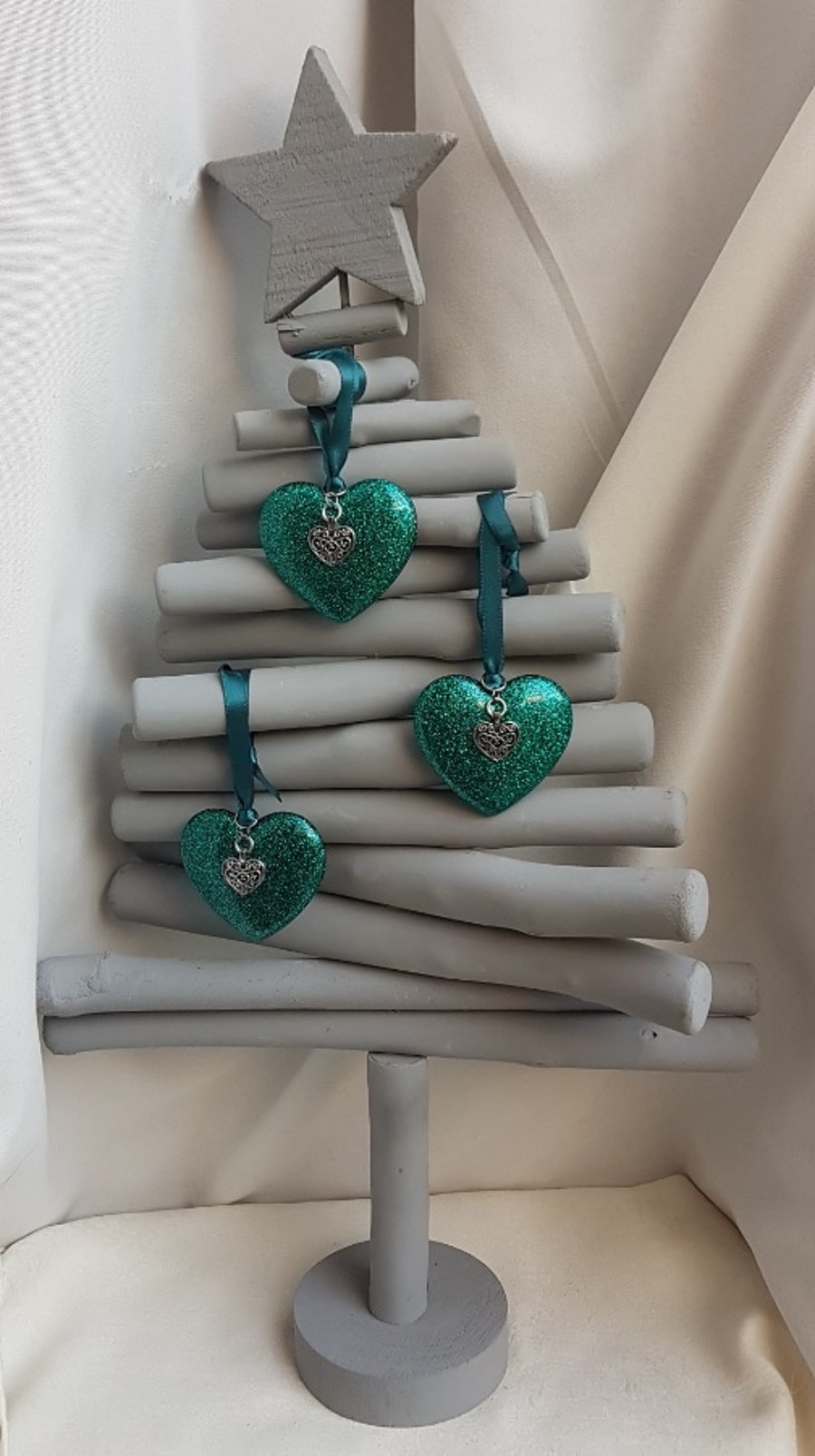Gorgeous Glittery Teal Heart Shaped Tree Decorations - Set of 3 with Charms.