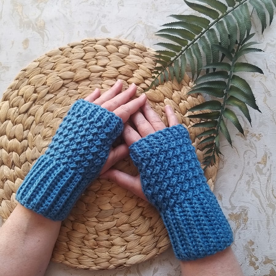 Crochet Wrist Warmers Fingerless Gloves Mitts Cornish Blue