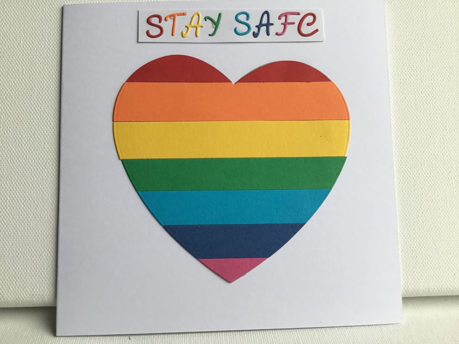 Stay safe card. Rainbow heart card. Handmade card. Rainbow. CC231. 