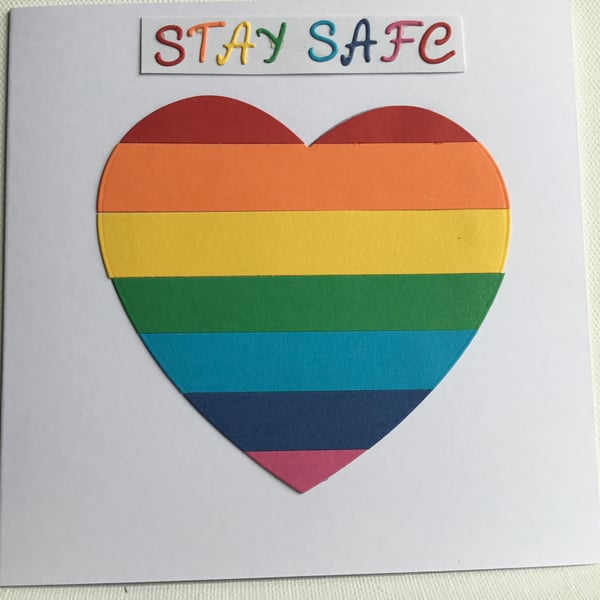 Stay safe card. Rainbow heart card. Handmade card. Rainbow. CC231. 